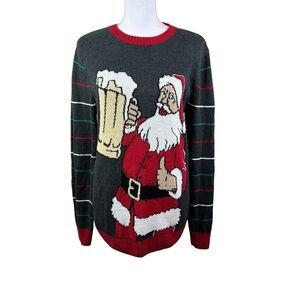 Ugly Christmas Sweater Santa with drink striped sleeves dark grey Size M